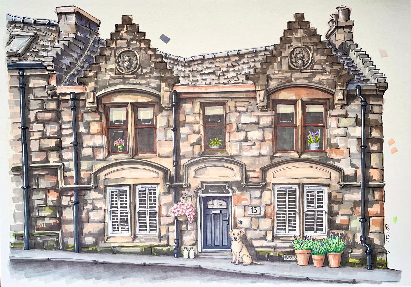 Pen and ink portrait of a stone Scottish cottage, a Labrador and milk bottles at the blue front door
