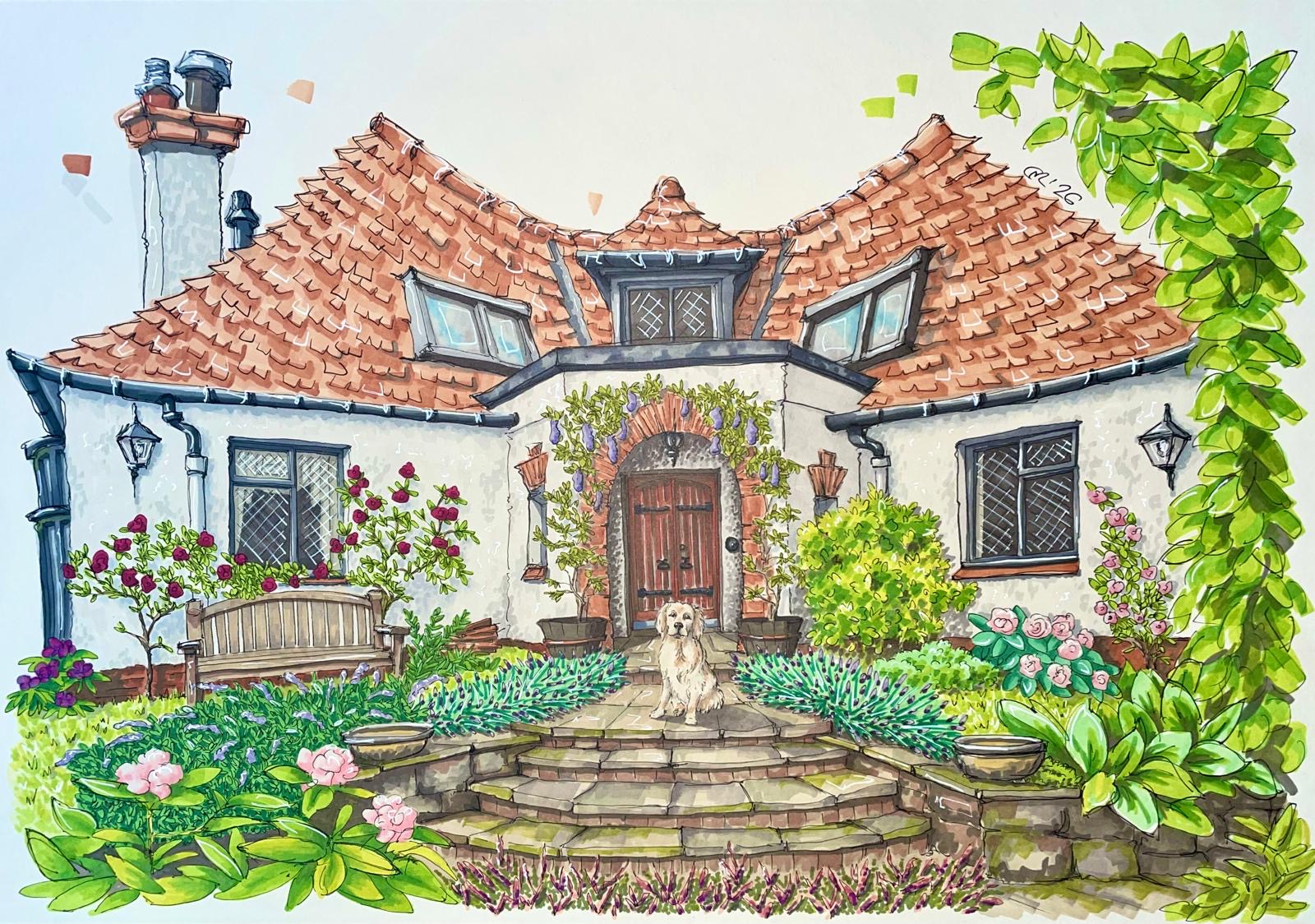 Pen and ink portrait of a country cottage under a wisteria arch, a golden retriever on the garden steps